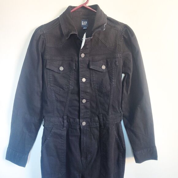 New Gap Jumpsuit Denim Size 4 Western Bootcut Black Puff Long Sleeve Stretch NWT - Picture 7 of 15